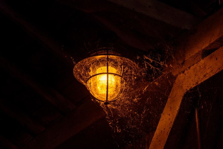 A warm lamp glowing against dark wooden beams