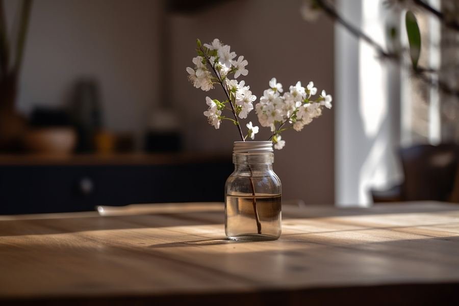A jar of white flowers on a wooden table in soft light